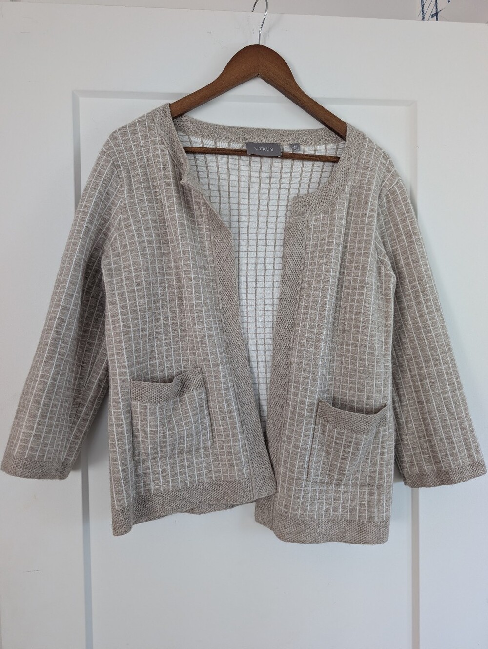 Cyrus Open-Front Taupe Grid Knit Cardigan